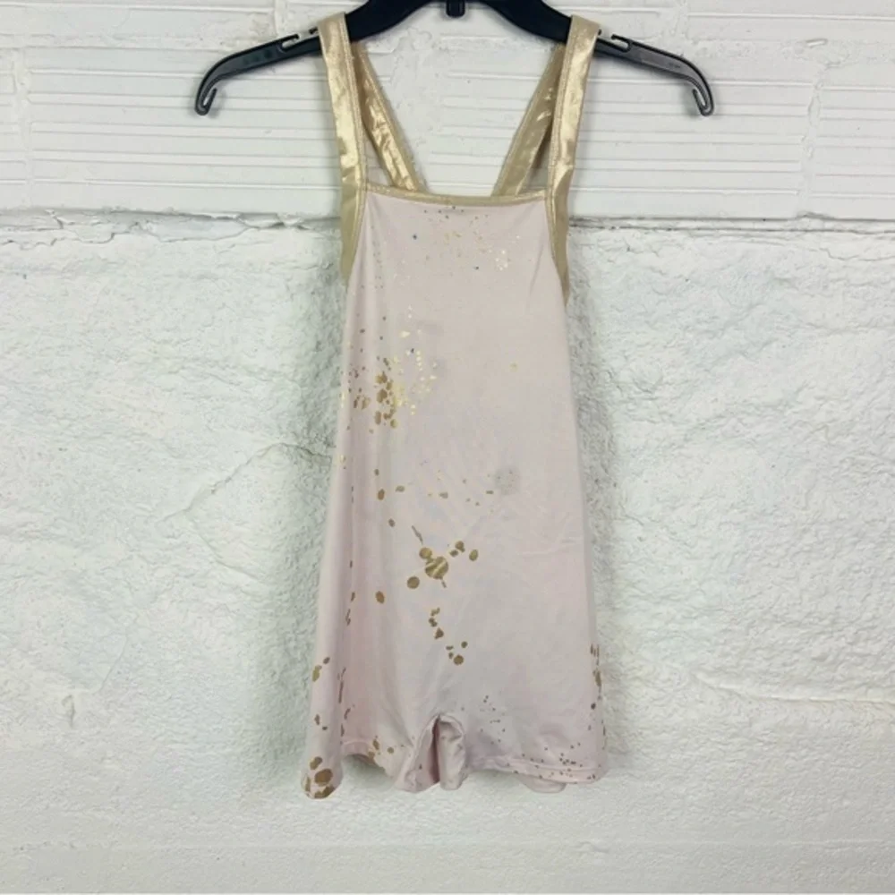 Justice light pink and golden splatter print stretch gymnastics, Roper onesie XL